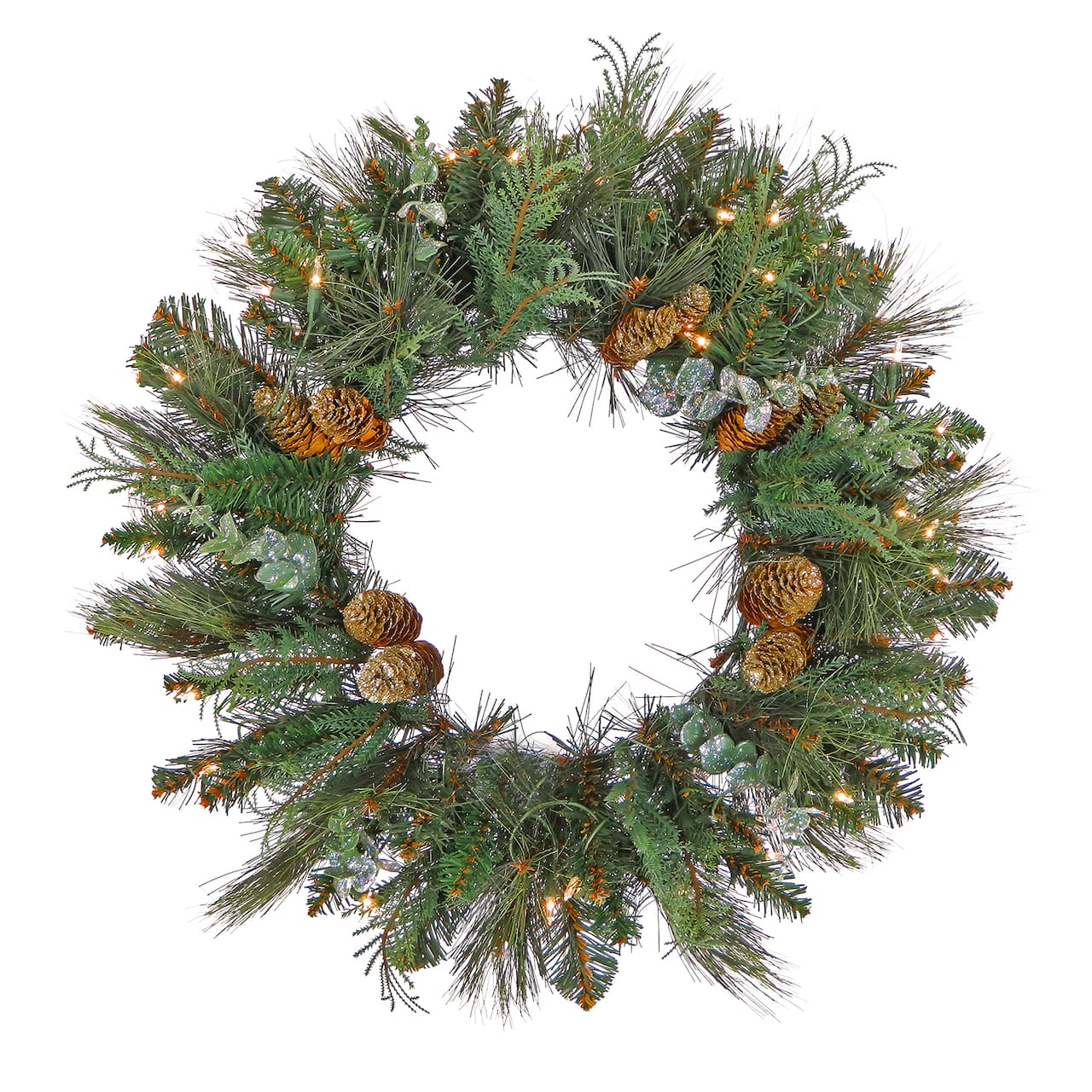 First Traditions™ 30'' Pre-Lit Artificial North Conway Wreath with Glittery Cones and Eucalyptus